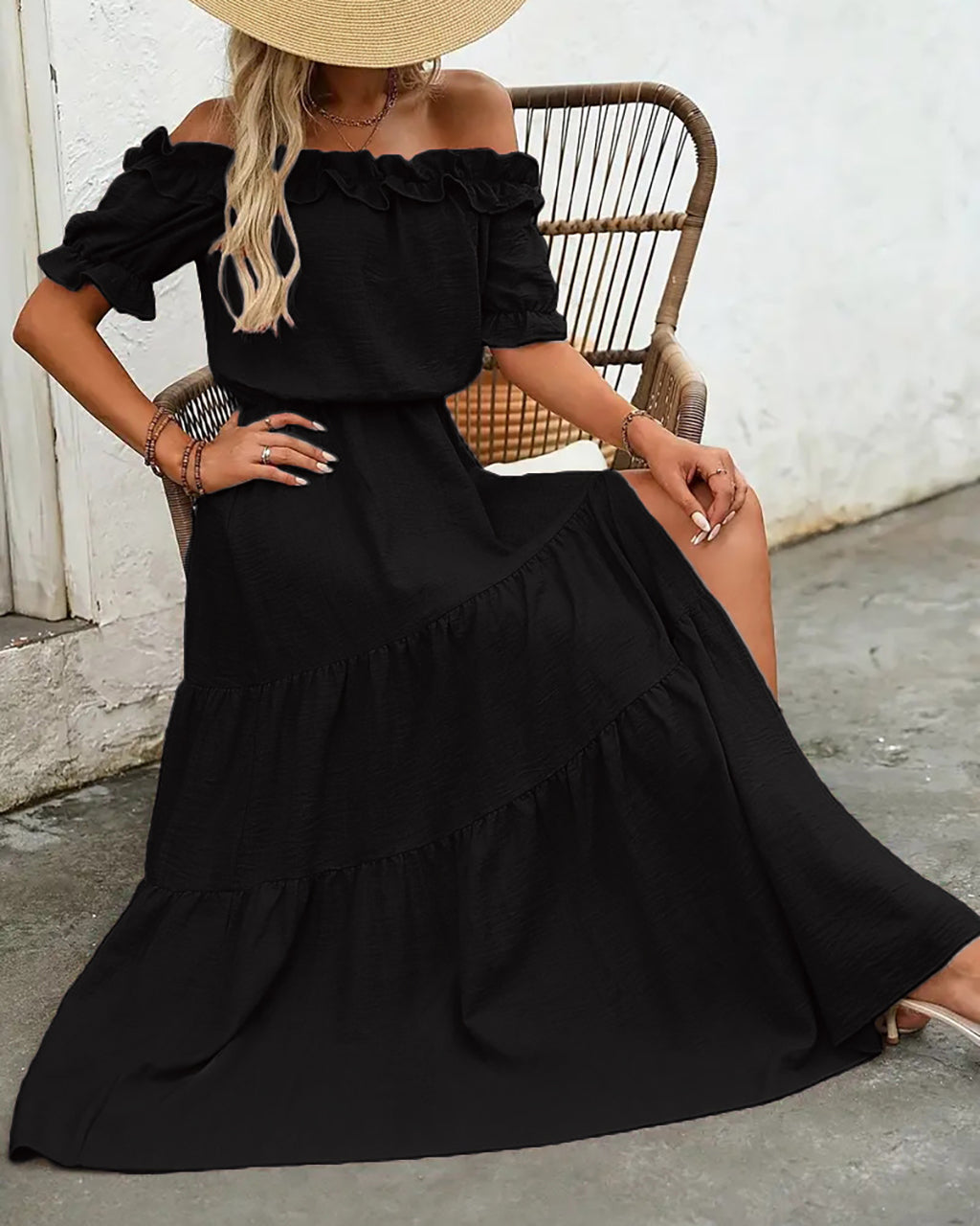Elegant Shoulder Ruffle Detail Side Slit Maxi Dress OMFORT