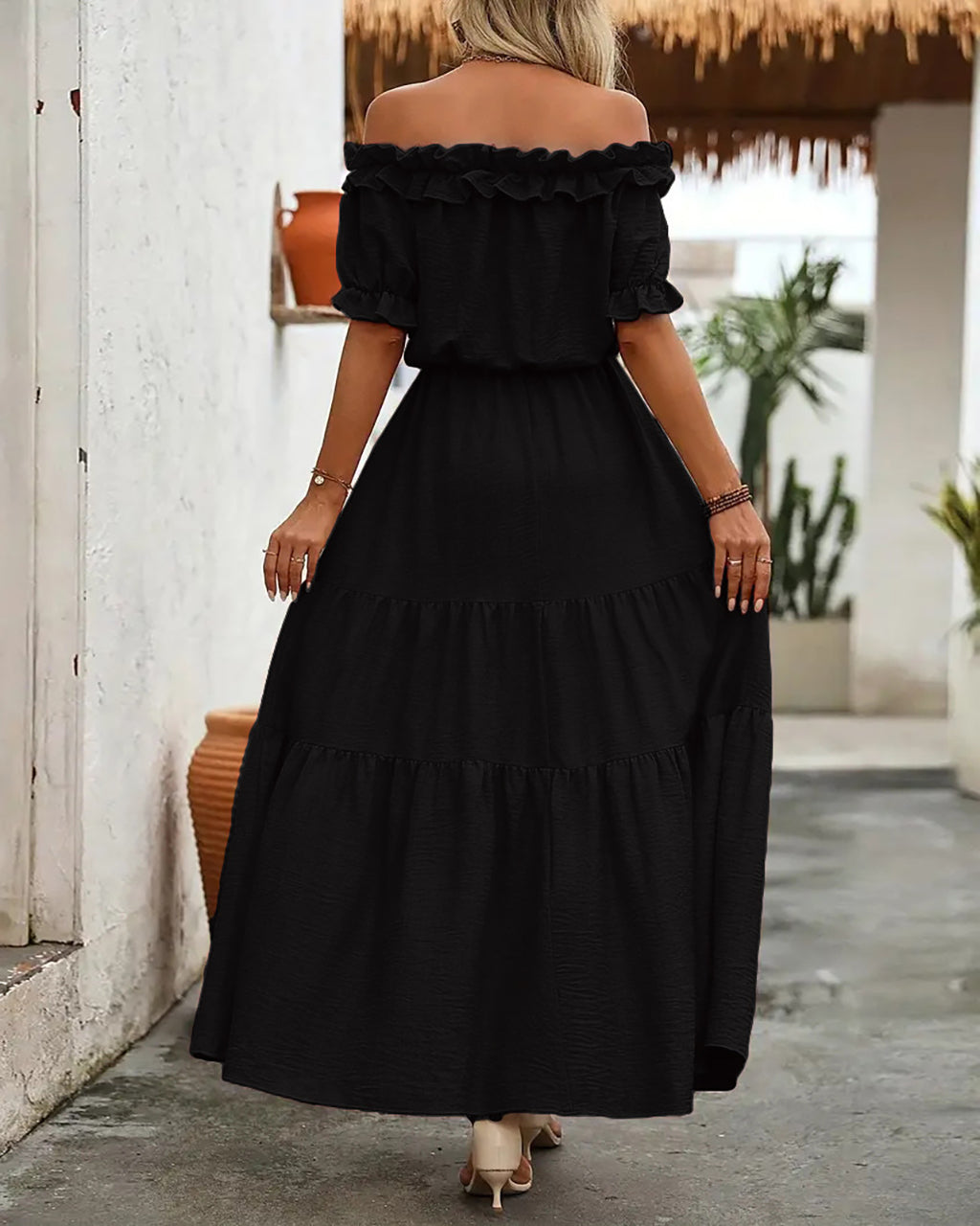 Elegant Shoulder Ruffle Detail Side Slit Maxi Dress OMFORT