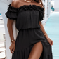 Elegant Shoulder Ruffle Detail Side Slit Maxi Dress OMFORT