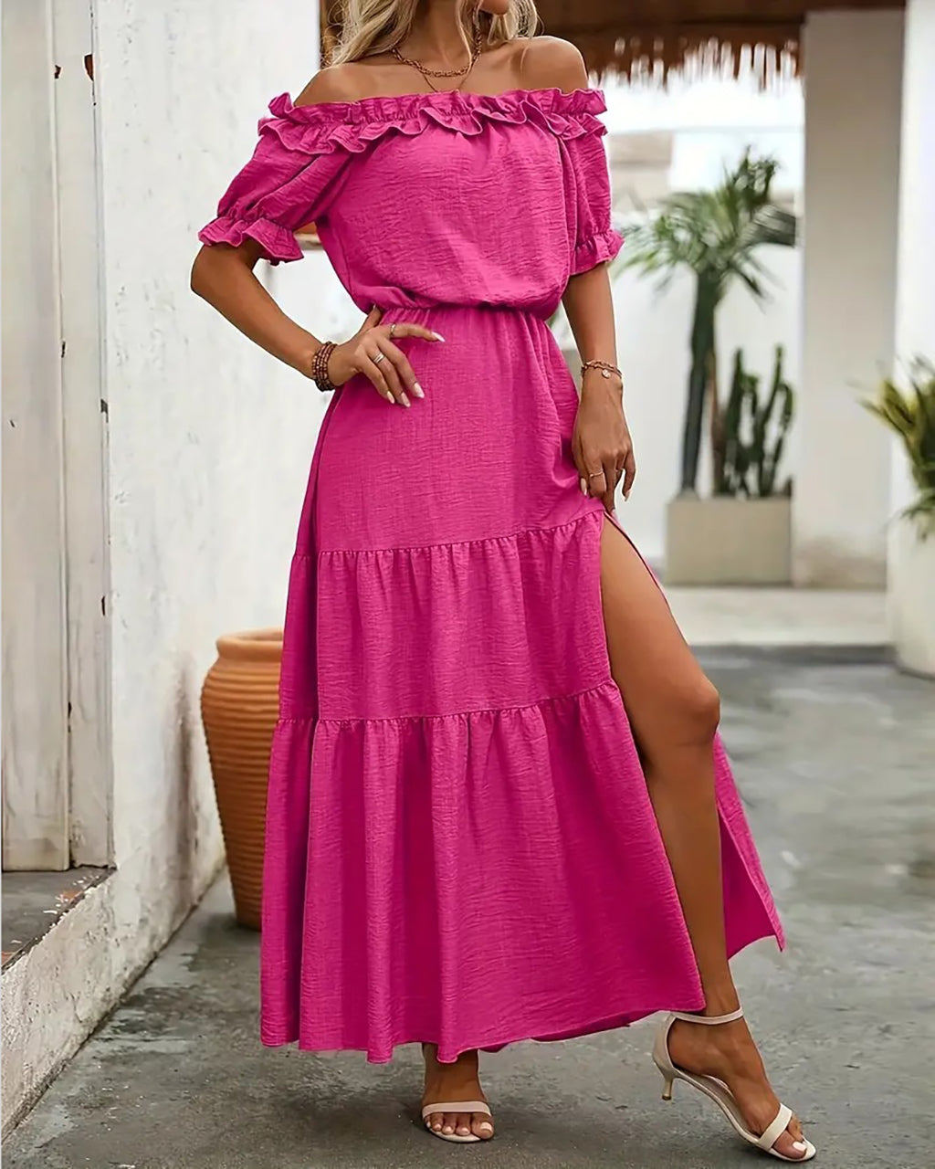 Elegant Shoulder Ruffle Detail Side Slit Maxi Dress OMFORT