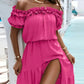 Elegant Shoulder Ruffle Detail Side Slit Maxi Dress OMFORT