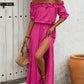 Elegant Shoulder Ruffle Detail Side Slit Maxi Dress OMFORT