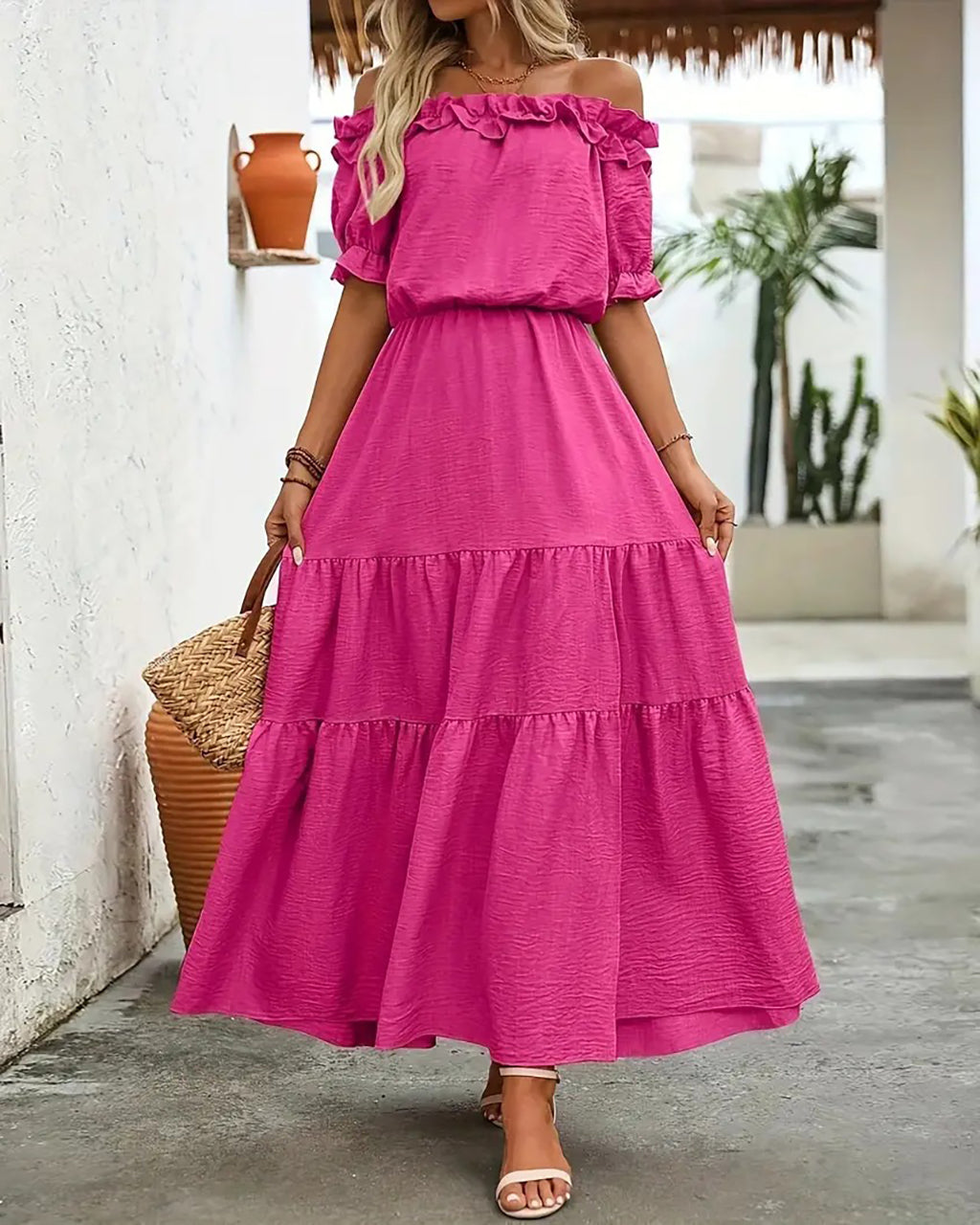 Elegant Shoulder Ruffle Detail Side Slit Maxi Dress OMFORT