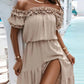 Elegant Shoulder Ruffle Detail Side Slit Maxi Dress OMFORT