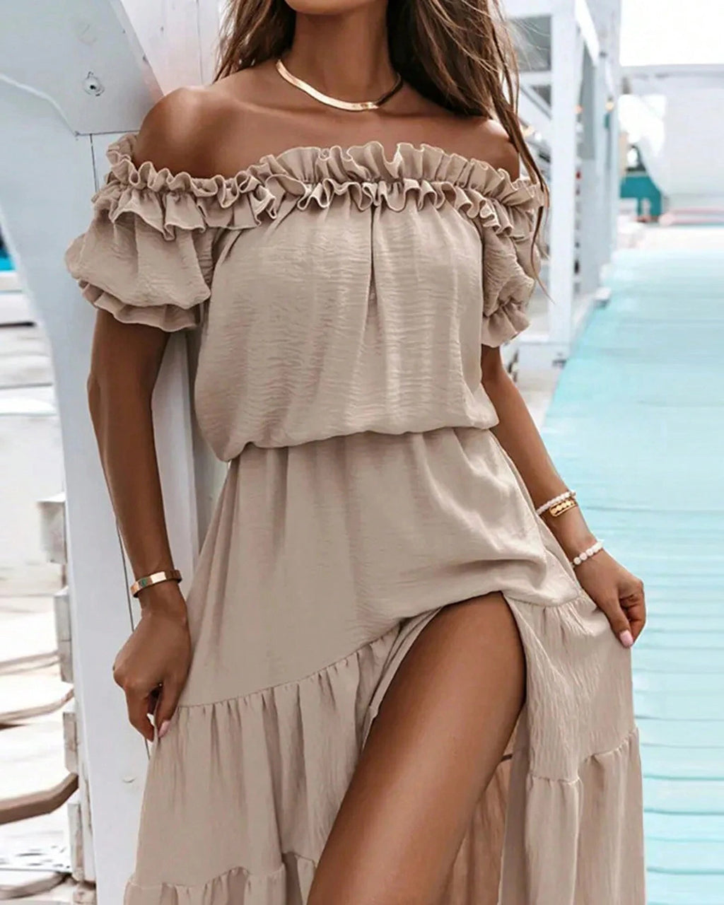 Elegant Shoulder Ruffle Detail Side Slit Maxi Dress OMFORT