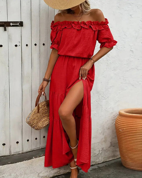 Elegant Shoulder Ruffle Detail Side Slit Maxi Dress OMFORT