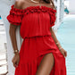 Elegant Shoulder Ruffle Detail Side Slit Maxi Dress OMFORT