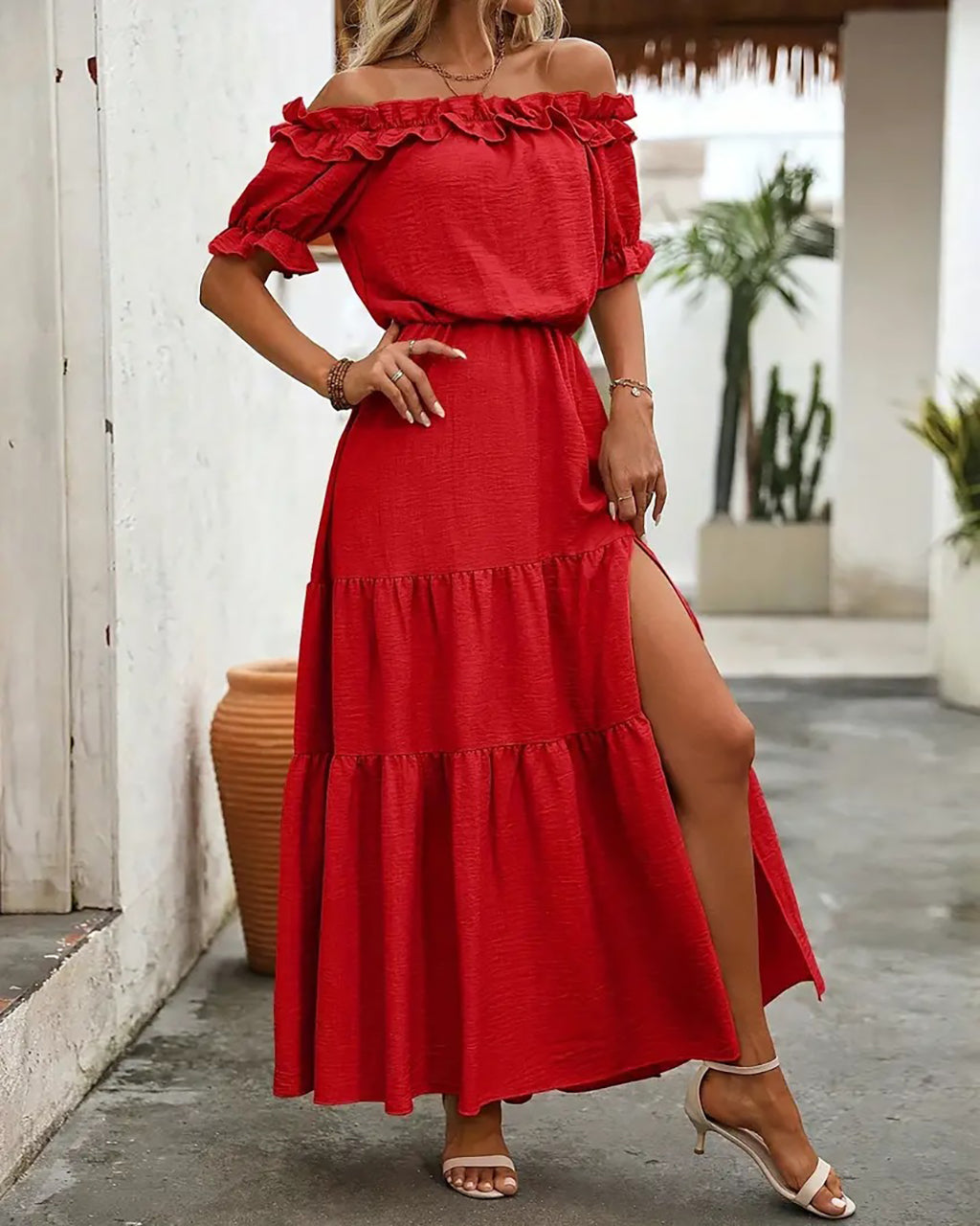 Elegant Shoulder Ruffle Detail Side Slit Maxi Dress OMFORT