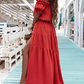 Elegant Shoulder Ruffle Detail Side Slit Maxi Dress OMFORT