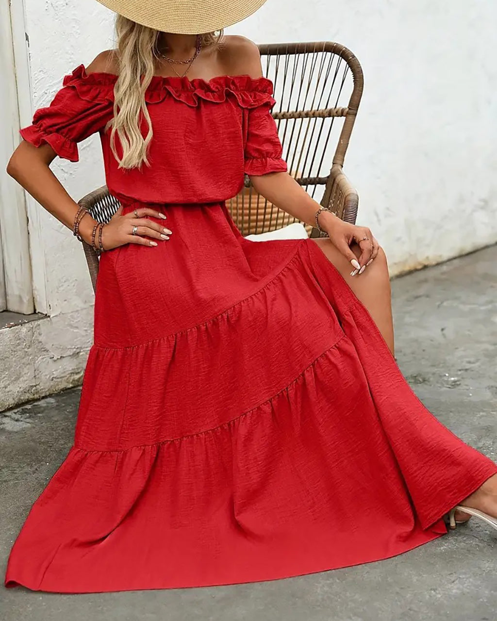 Elegant Shoulder Ruffle Detail Side Slit Maxi Dress OMFORT