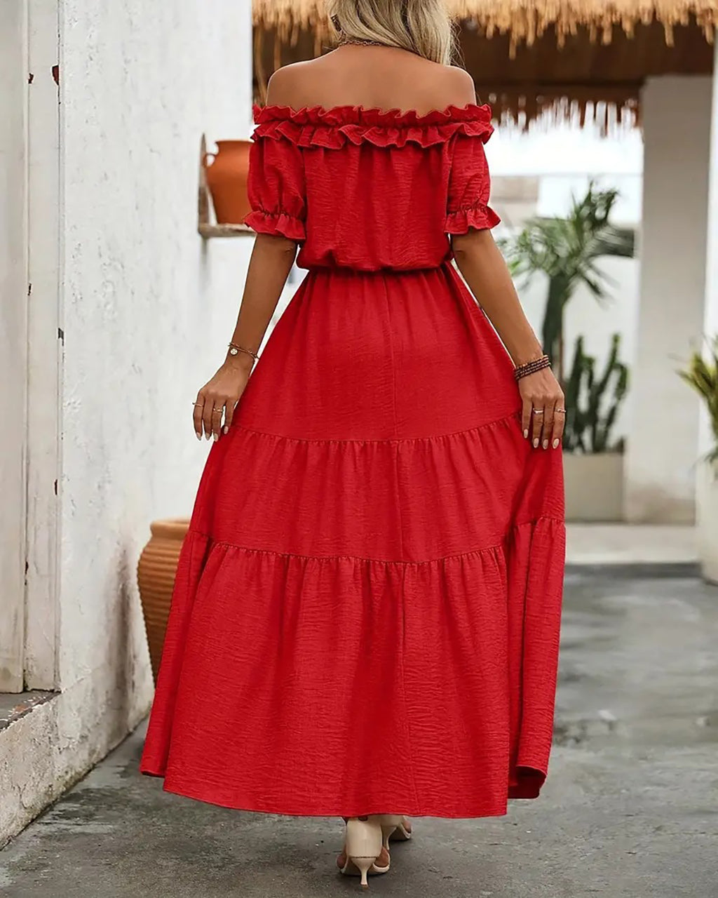 Elegant Shoulder Ruffle Detail Side Slit Maxi Dress OMFORT