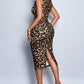 Contrasting Colored Lace Leopard Print Slit BodyCon Dress OMFORT