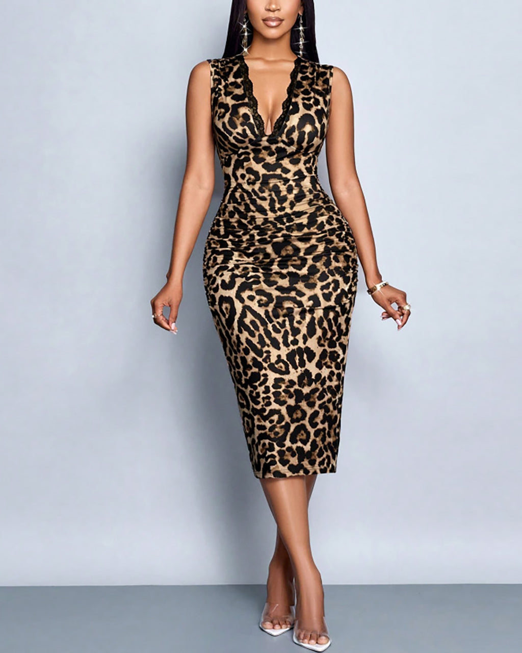 Contrasting Colored Lace Leopard Print Slit BodyCon Dress OMFORT