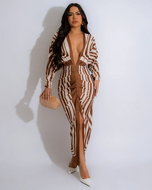 Elegant Boho Print Long Sleeve Batwing Midi Dress OMFORT