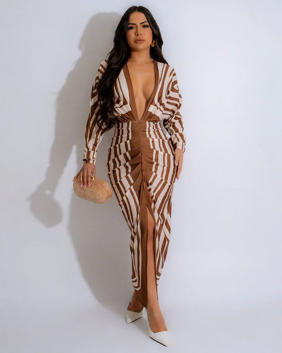Elegant Boho Print Long Sleeve Batwing Midi Dress OMFORT