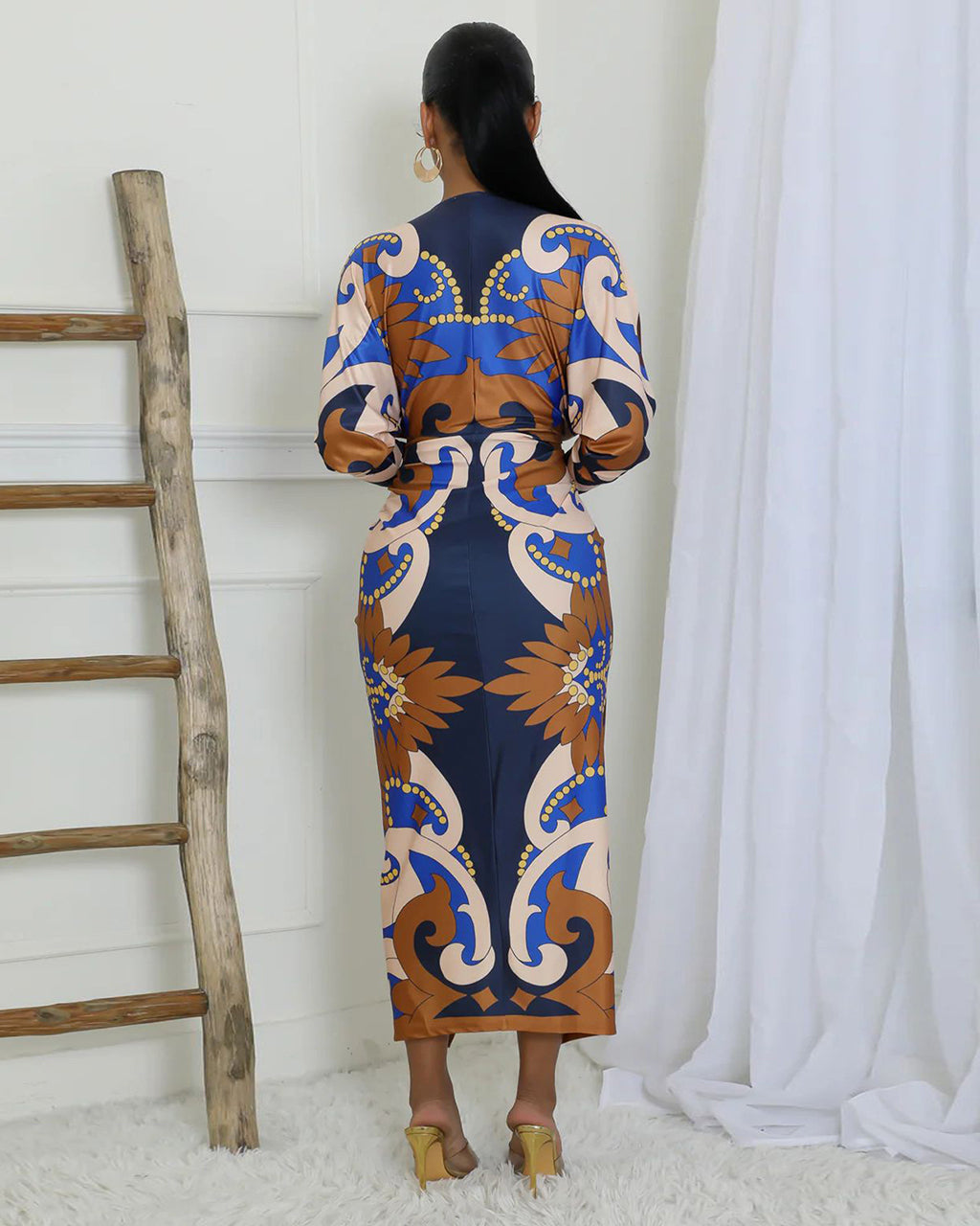 Elegant Boho Print Long Sleeve Batwing Midi Dress OMFORT