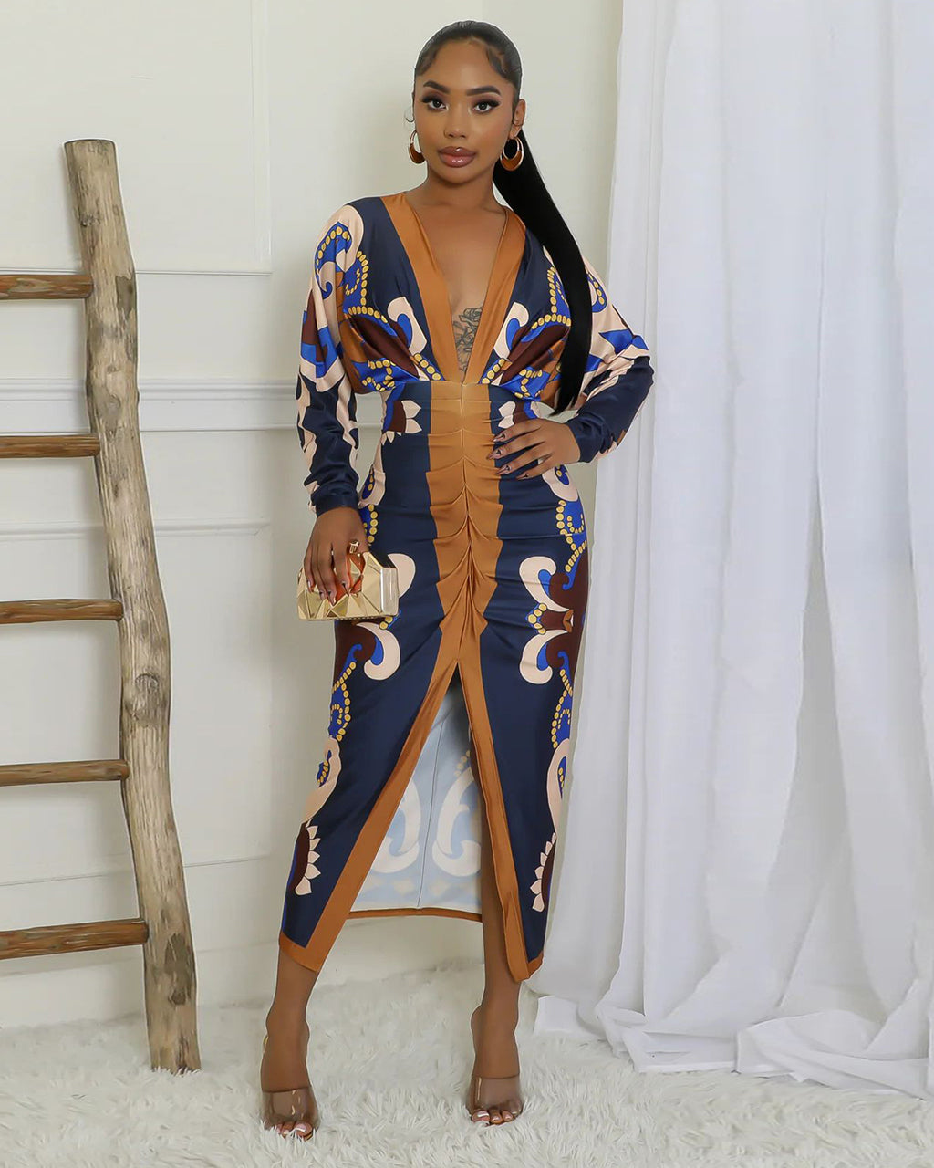 Elegant Boho Print Long Sleeve Batwing Midi Dress OMFORT