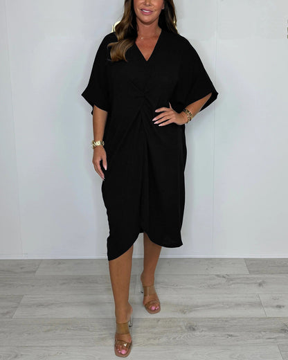 V-Neck Tie Knot Twist Front Oversized Midi Dress OMFORT