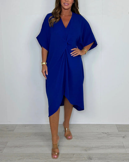 V-Neck Tie Knot Twist Front Oversized Midi Dress OMFORT
