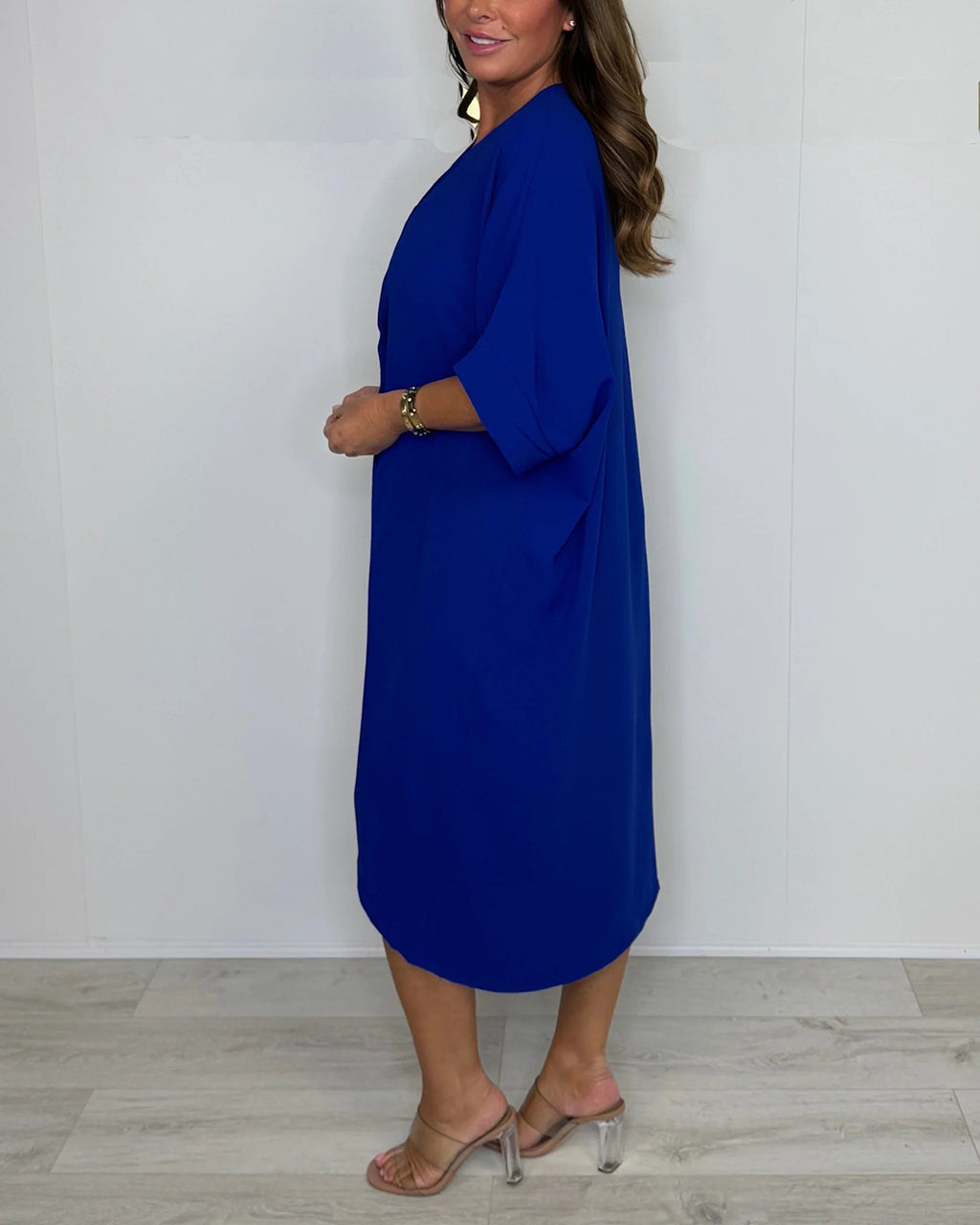 V-Neck Tie Knot Twist Front Oversized Midi Dress OMFORT