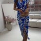 V-Neck Boho Print Knot Front Cap-Sleeve Midi Dress OMFORT