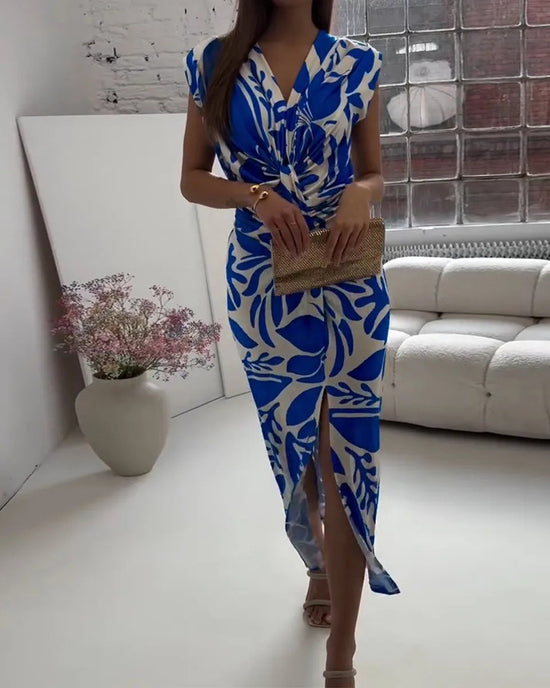 V-Neck Boho Print Knot Front Cap-Sleeve Midi Dress OMFORT