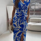 V-Neck Boho Print Knot Front Cap-Sleeve Midi Dress OMFORT