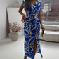 V-Neck Boho Print Knot Front Cap-Sleeve Midi Dress OMFORT