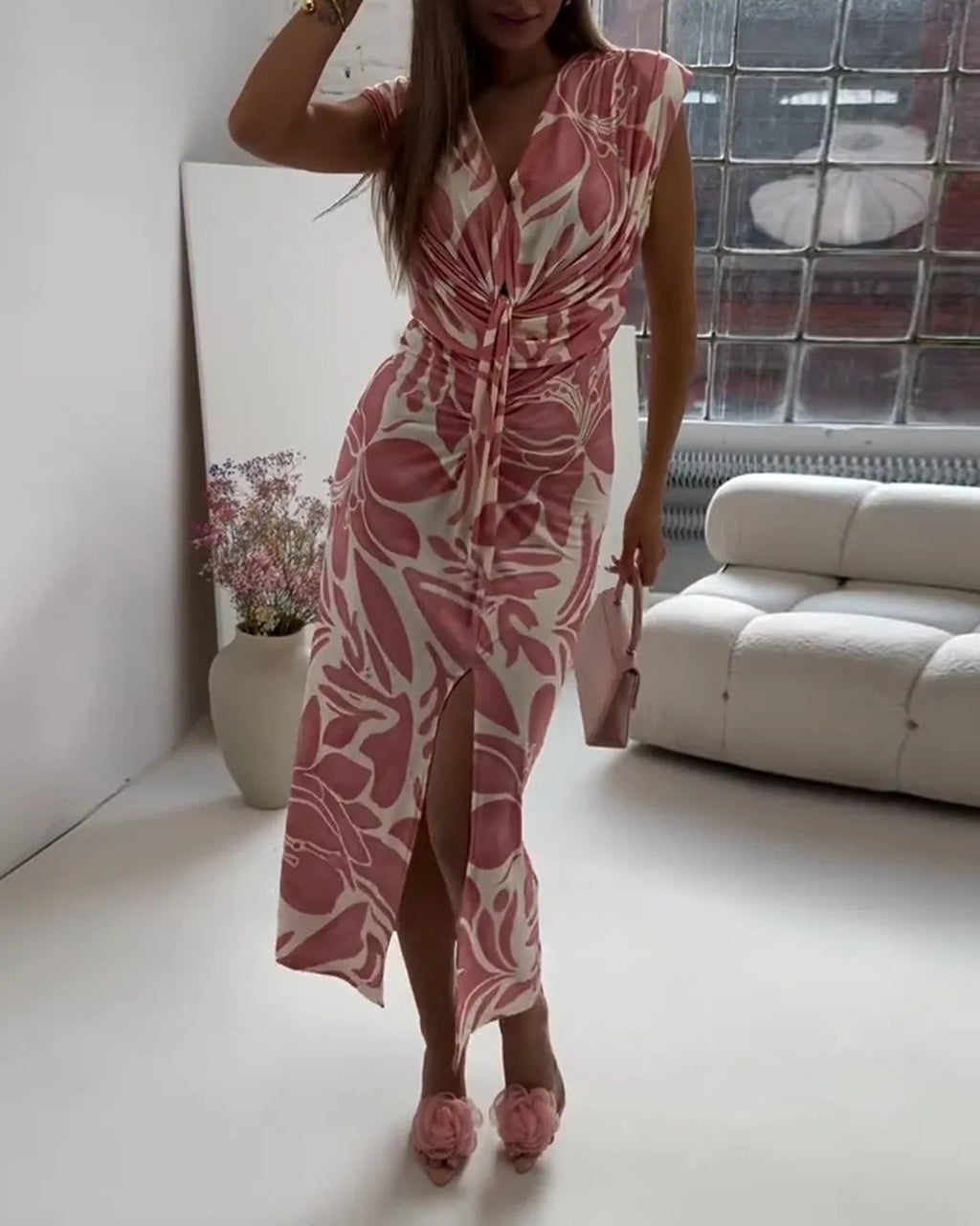 V-Neck Boho Print Knot Front Cap-Sleeve Midi Dress OMFORT