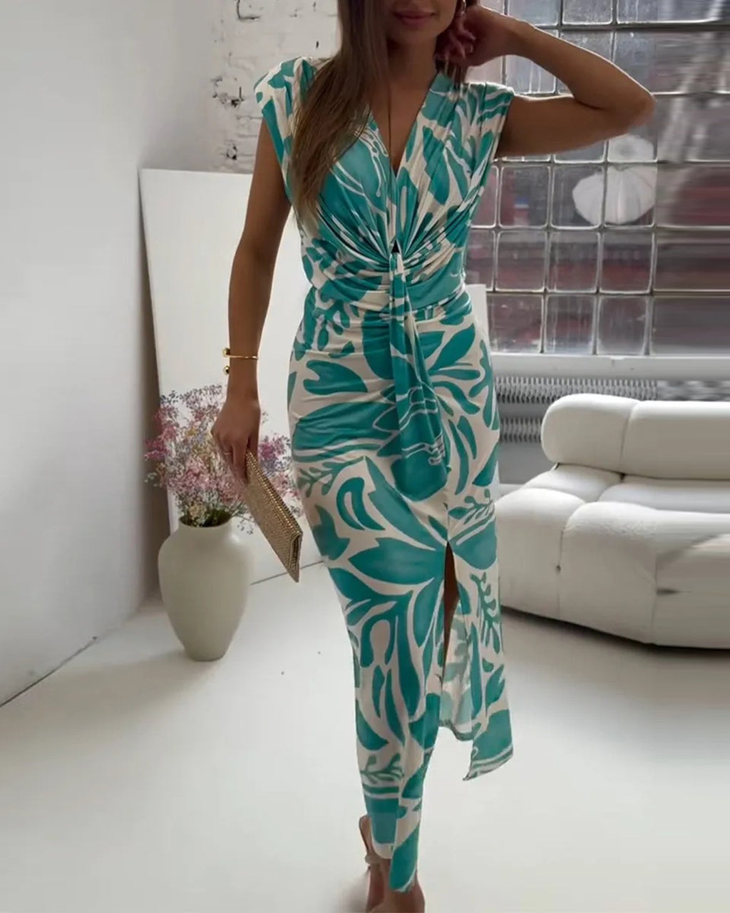 V-Neck Boho Print Knot Front Cap-Sleeve Midi Dress OMFORT