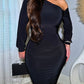 Solid Asymmetrical Shoulder Ruched Bodycon Midi Dress OMFORT