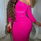 Solid Asymmetrical Shoulder Ruched Bodycon Midi Dress OMFORT