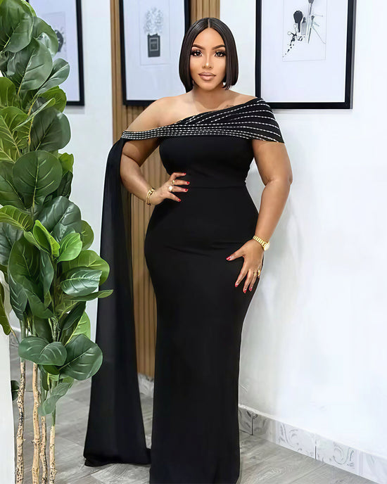 Sexy Solid Color Hot Drill Oblique Collar Long Dress omfort