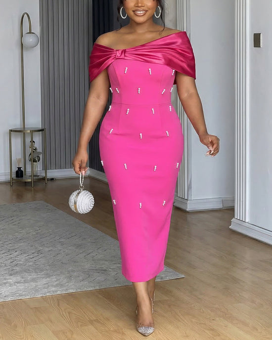 Elegant Off-the-Shoulder Beaded Satin Slim Fit Midi Dress OMFORT