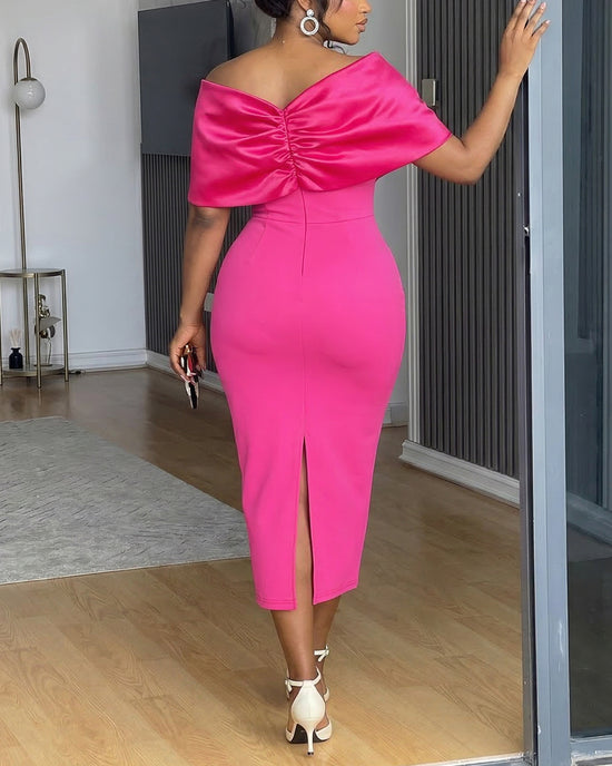 Elegant Off-the-Shoulder Beaded Satin Slim Fit Midi Dress OMFORT