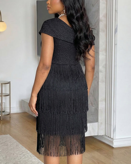 Elegant Rhinestone Bow Decor Fringe Hem Slim Mini Dress OMFORT