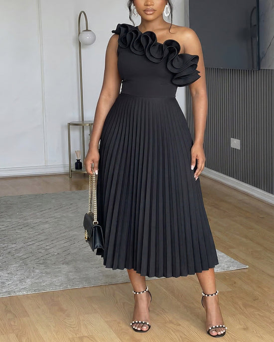 One Shoulder Ruffle Trim Pleated Hem Dress OMFORT