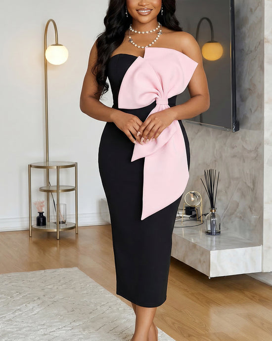 Elegant Statement Bow Front Strapless Slim Fit Midi Bodycon Dress OMFORT