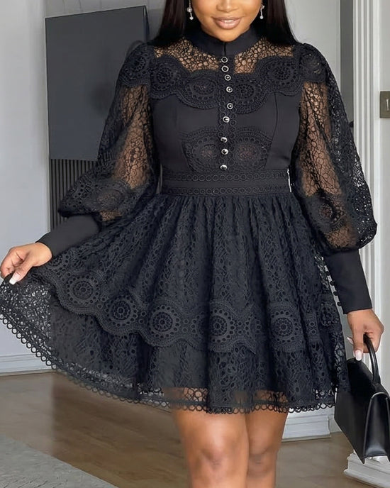 Floral Lace Slim Fit Puff Sleeve Mini Dress OMFORT