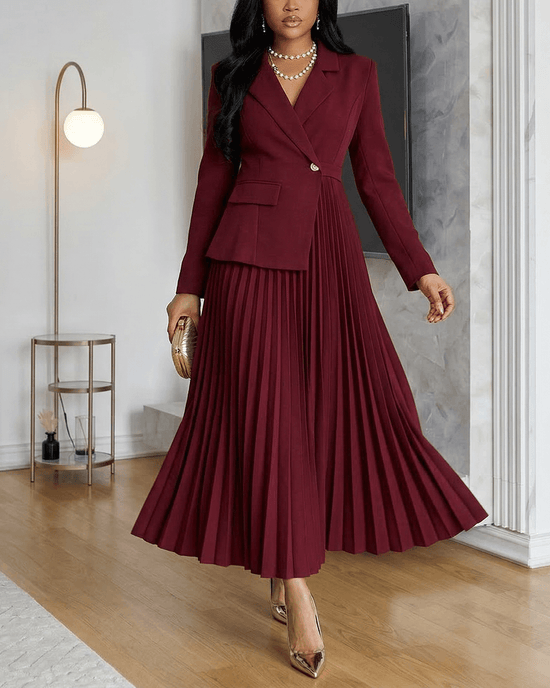 Notched Lapel Pleated Asymmetrical Long-Sleeve Maxi Dress OMFORT