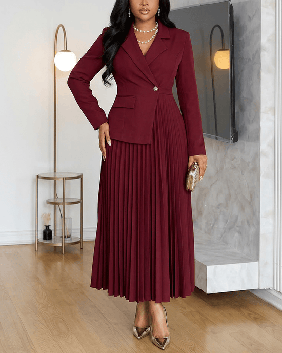 Notched Lapel Pleated Asymmetrical Long-Sleeve Maxi Dress OMFORT
