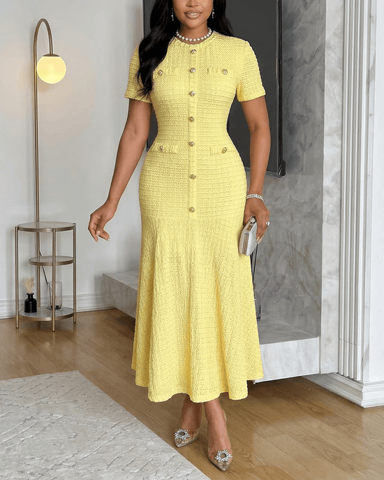 Round Neck Button Textured Bodycon A-Line Midi Dress OMFORT