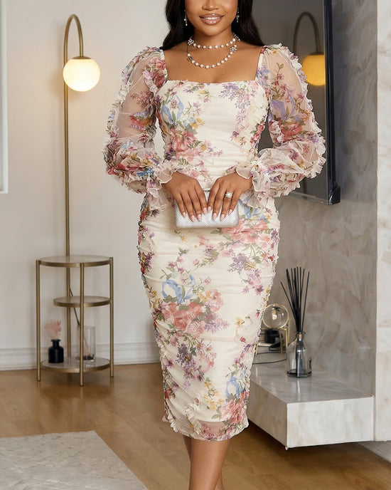 Floral Mesh Ruched Slim Fit Midi Dress OMFORT
