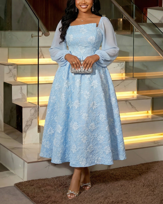 Floral Textured Chiffon Long Sleeve Midi Dress OMFORT