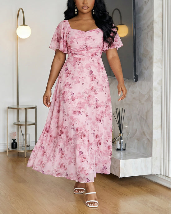 Romantic Floral Print Ruched Sweetheart Fitted Midi Dress OMFORT