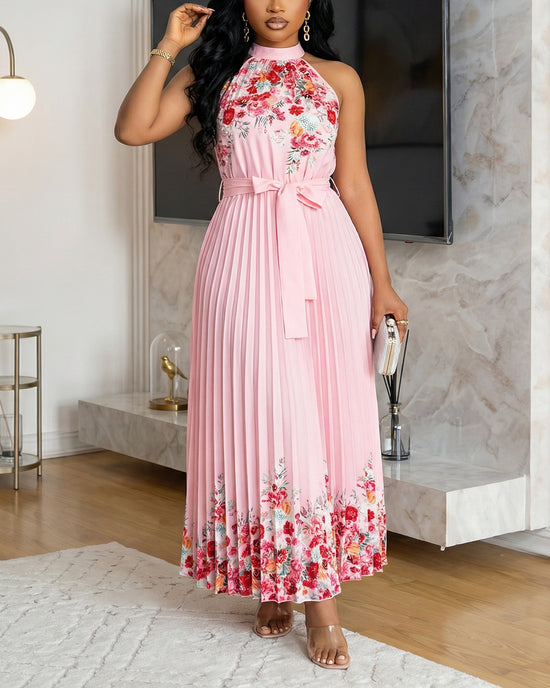 Floral Pleated Belted Chiffon Midi Dress OMFORT
