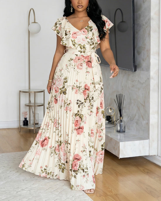 Elegant Floral Print Pleated Maxi Dress OMFORT