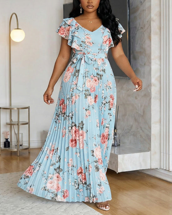 Elegant Floral Print Pleated Maxi Dress OMFORT