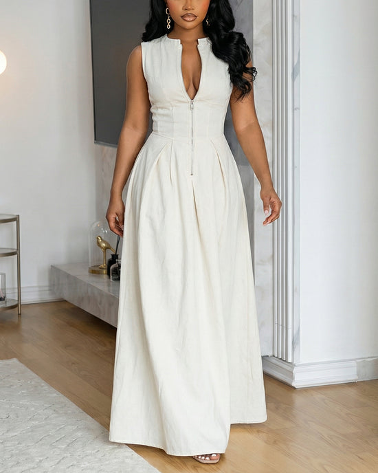Jewel Neck Sleeveless Zipper Floor Length Dress OMFORT