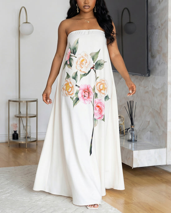 Floral Print Strapless Maxi Dress OMFORT